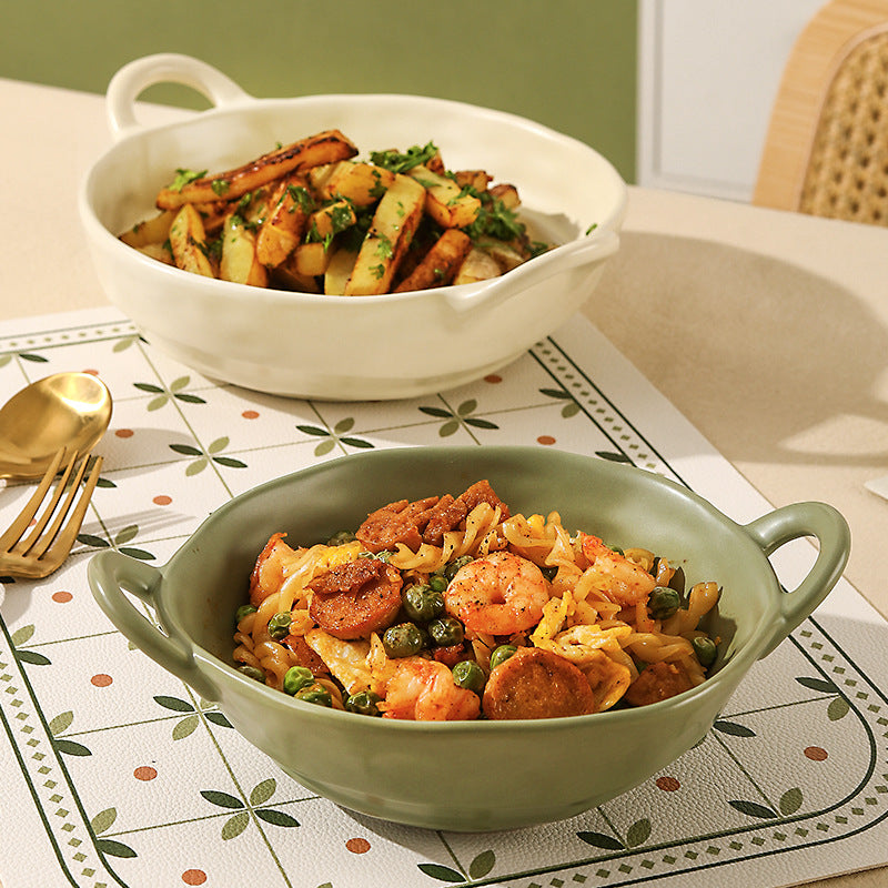 Ceramic Double-Handle Serving Bowls Set of 4, Two Sizes, Deep Pasta Salad Bowls, Baking Dish, Dinner Soup Bowls for Home and Kitchen
