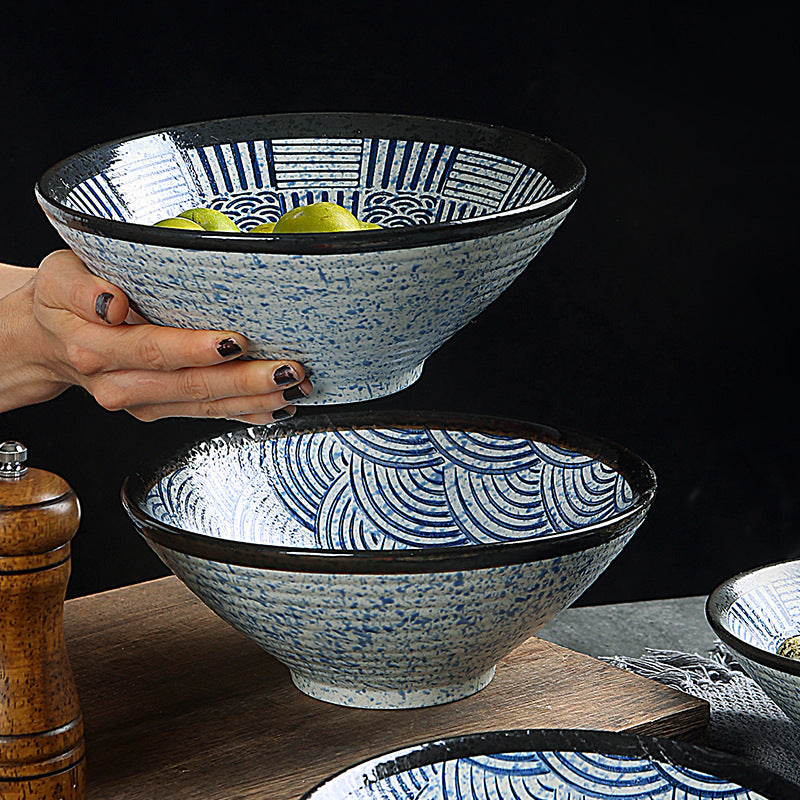 Japanese blue and white ceramic bowl set of 3 – rustic wabi-sabi style, creating a healing dining experience