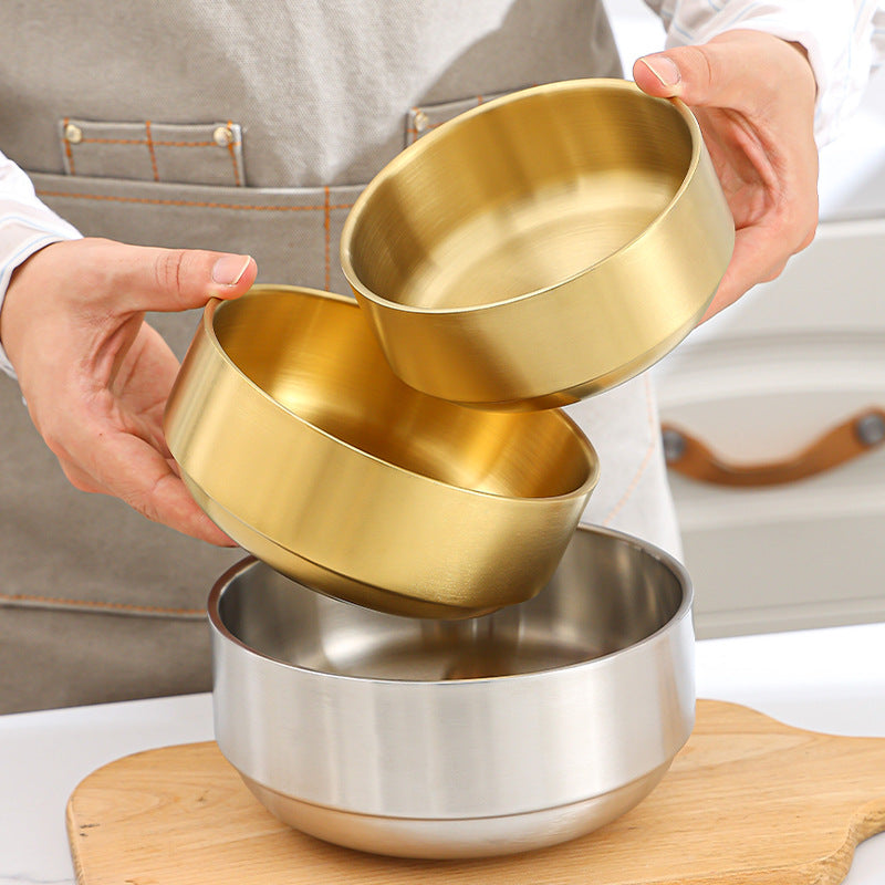 4-Piece Stainless Steel Double-Layer Insulated Bowl Set – Gold & Silver Durable Metal Rice/Soup/Salad Bowls