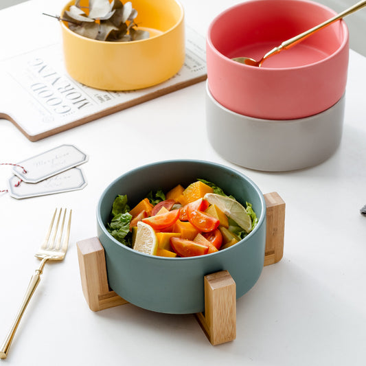 Nordic Style Ceramic Bowl Set of 6 with Wooden Stand – Multi-Functional Dinnerware, Random Colors