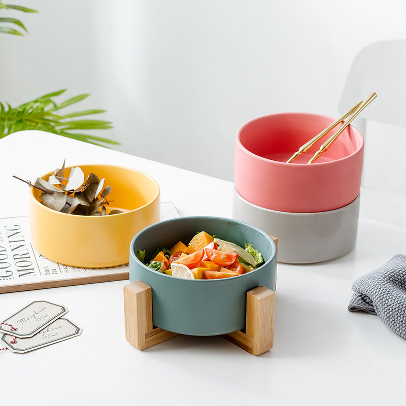 Nordic Style Ceramic Bowl Set of 6 with Wooden Stand – Multi-Functional Dinnerware, Random Colors