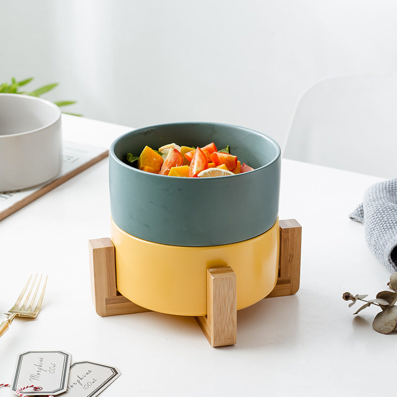 Nordic Style Ceramic Bowl Set of 6 with Wooden Stand – Multi-Functional Dinnerware, Random Colors
