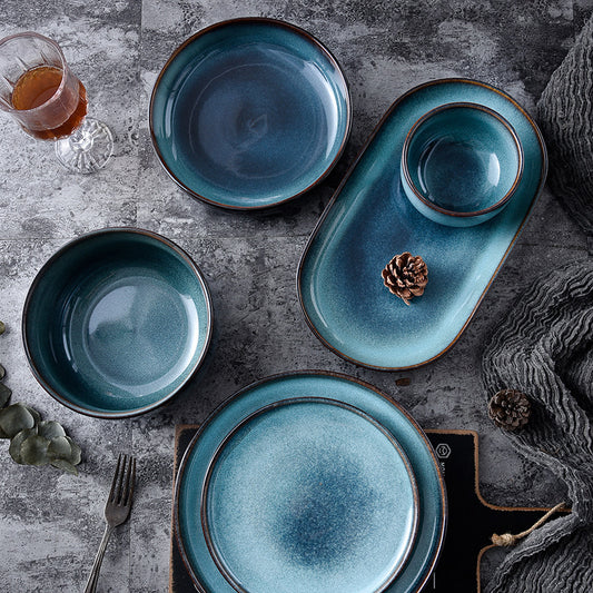 6-piece set Blue-green kiln-changed ceramic bowls and plates set, household kiln-changed ceramic tableware, hotel and restaurant rice bowls, fish plates and dishes