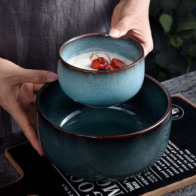 6-piece set Blue-green kiln-changed ceramic bowls and plates set, household kiln-changed ceramic tableware, hotel and restaurant rice bowls, fish plates and dishes
