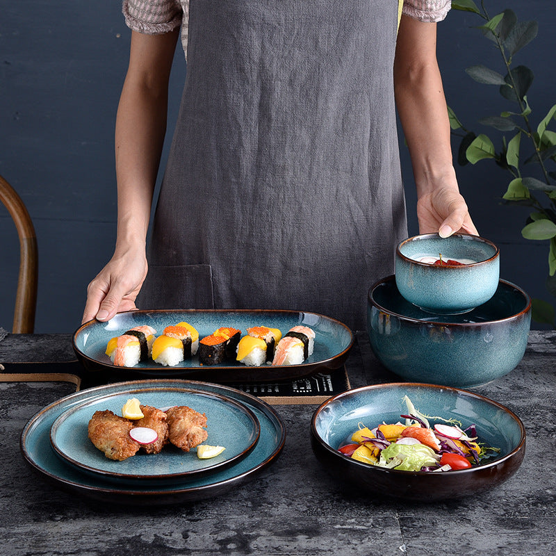 6-piece set Blue-green kiln-changed ceramic bowls and plates set, household kiln-changed ceramic tableware, hotel and restaurant rice bowls, fish plates and dishes