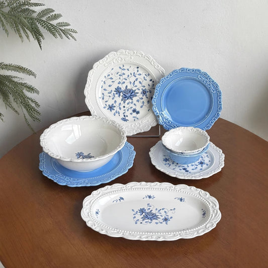 8-Piece Vintage Embossed Blue and White Ceramic Dinnerware Set – European Style Plates and Bowls Combination for Home Dining, Serving, and Decoration