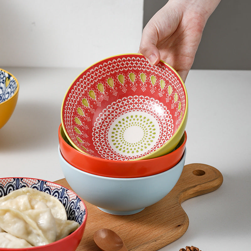 6-Inch Ceramic Bowl Set (6 Pieces) with Random Patterns and Colors – Colorful Dinnerware for Rice, Soup, Salad, Noodles, and Daily Meals