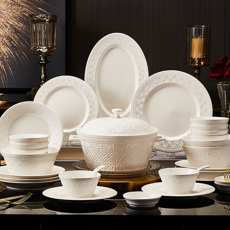 Premium White Porcelain Dinnerware Set – Multi-Size Bowls, Plates, Spoons & Chopsticks for Home Dining