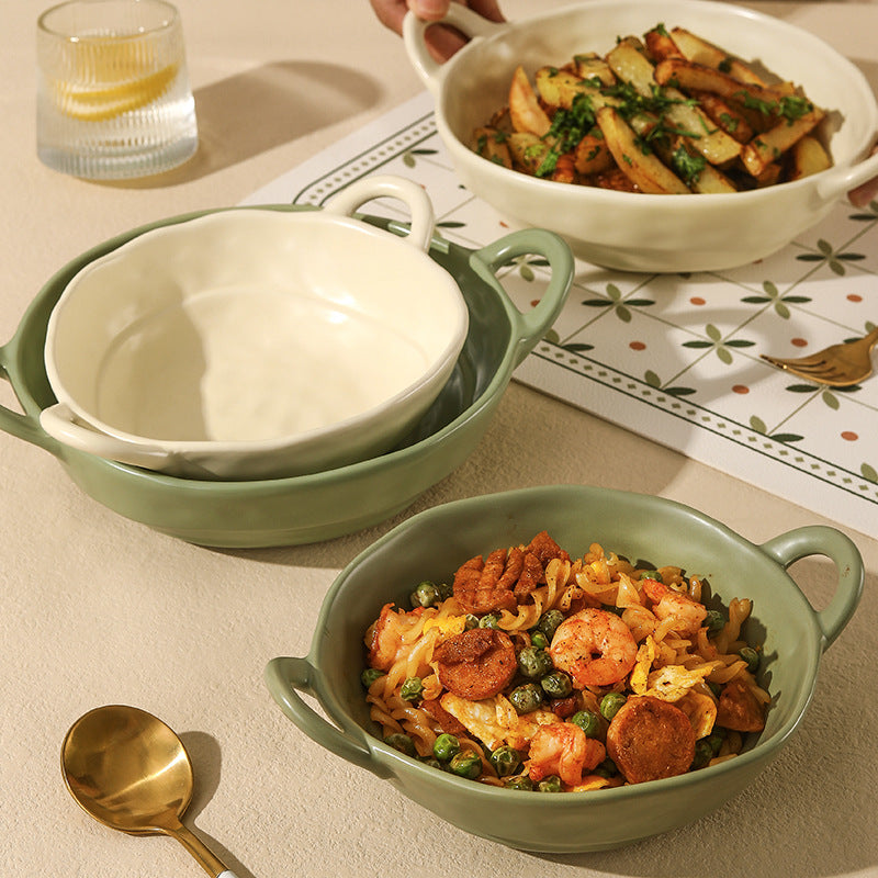 Ceramic Double-Handle Serving Bowls Set of 4, Two Sizes, Deep Pasta Salad Bowls, Baking Dish, Dinner Soup Bowls for Home and Kitchen