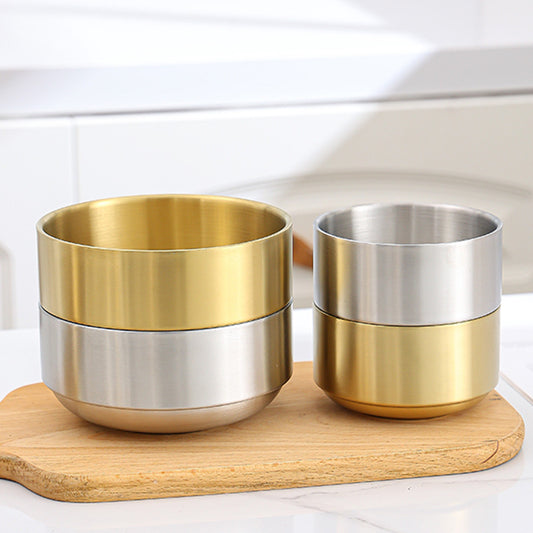 4-Piece Stainless Steel Double-Layer Insulated Bowl Set – Gold & Silver Durable Metal Rice/Soup/Salad Bowls
