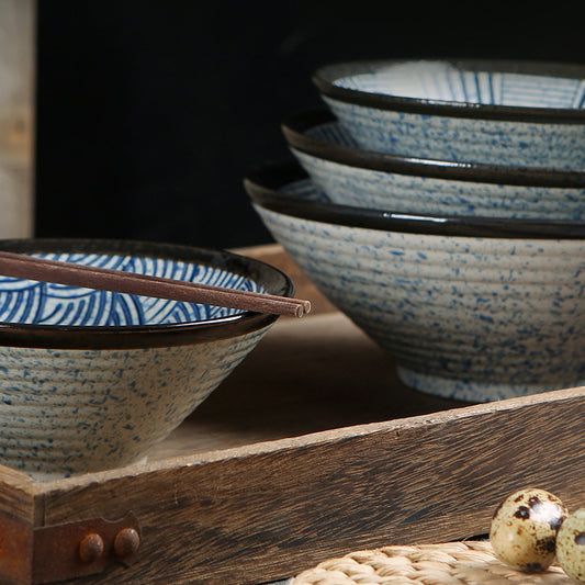 Japanese blue and white ceramic bowl set of 3 – rustic wabi-sabi style, creating a healing dining experience