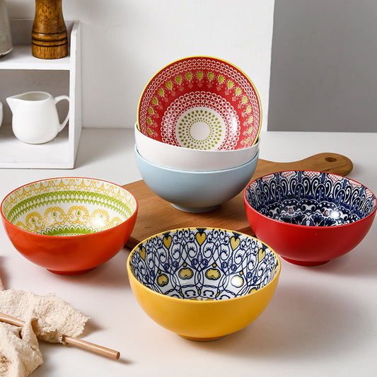 6-Inch Ceramic Bowl Set (6 Pieces) with Random Patterns and Colors – Colorful Dinnerware for Rice, Soup, Salad, Noodles, and Daily Meals