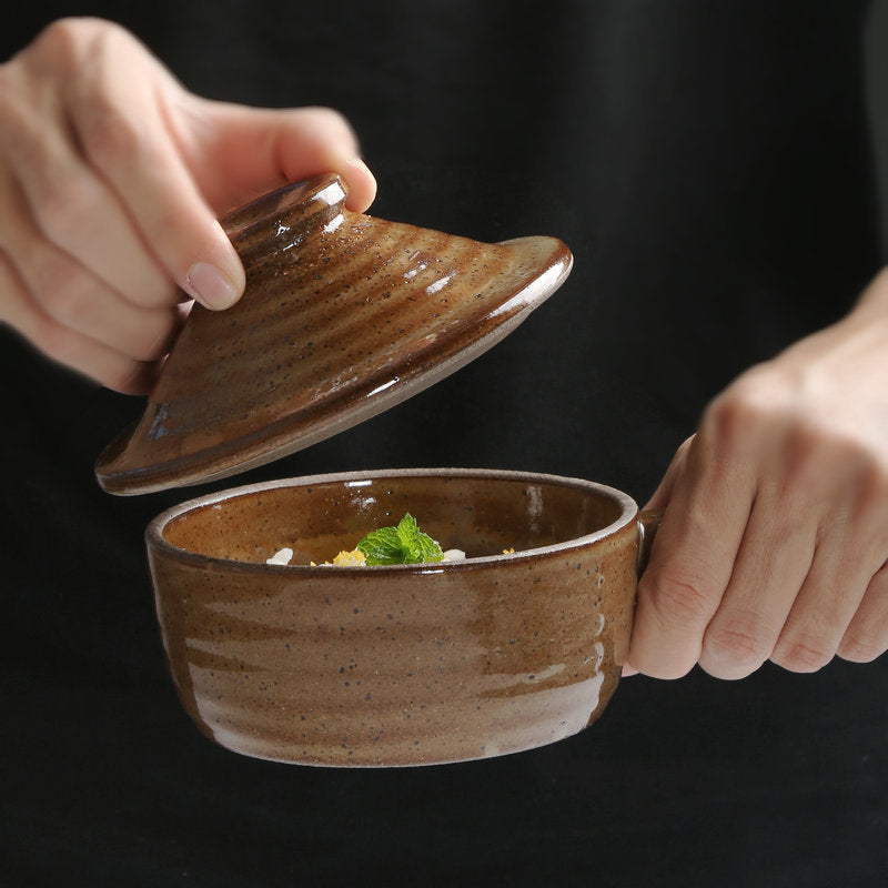 Vintage Ceramic Soup Bowls with Lids and Handles, 8-Piece Set, Heat-Resistant Stoneware Tableware for Stew, Porridge, and Soup