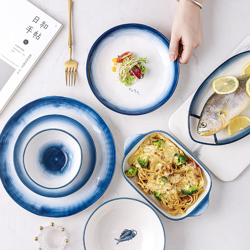 Elegant Ceramic Dinnerware Set (6 Pieces) – Includes 5" Rice Bowl, 7" Soup Bowl, 8" Soup Bowl, 7" Plate, 10" Plate, and 9.5" Double-Handle Baking Dish