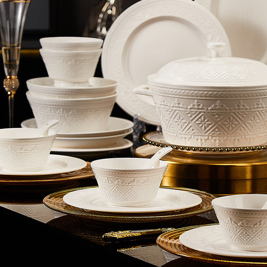 Premium White Porcelain Dinnerware Set – Multi-Size Bowls, Plates, Spoons & Chopsticks for Home Dining