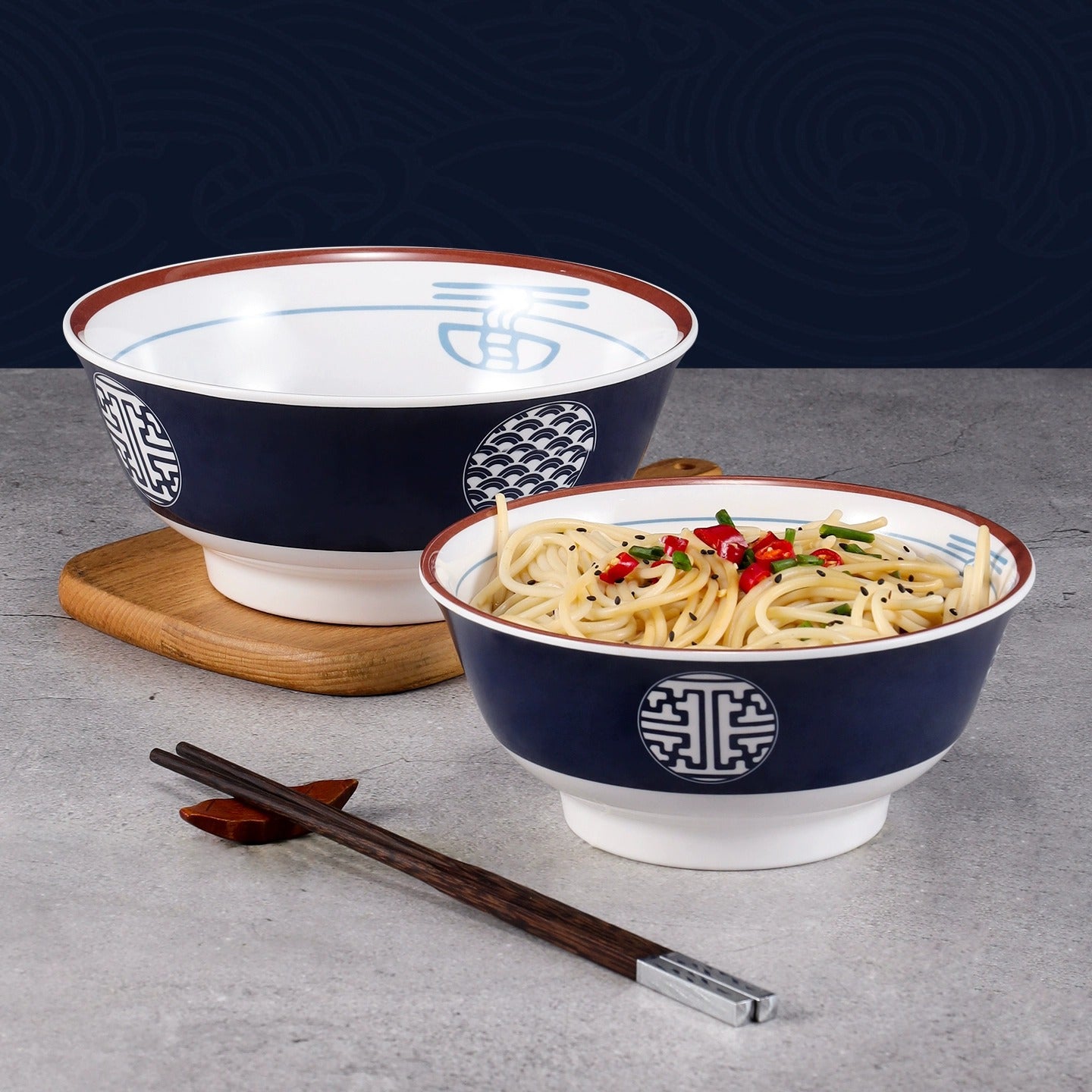 Vintage Blue and White Ceramic Bowls Set of 4 — Large Ramen Bowls, Soup Bowls, Salad Bowls, Rice Bowls, Multi-Purpose Tableware