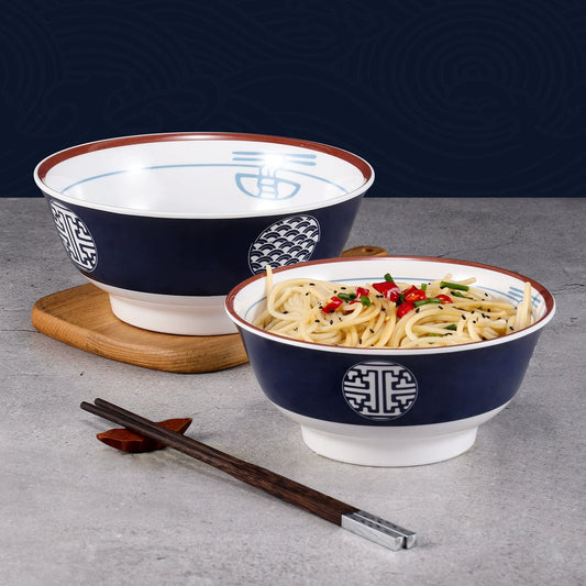 Vintage Blue and White Ceramic Bowls Set of 4 — Large Ramen Bowls, Soup Bowls, Salad Bowls, Rice Bowls, Multi-Purpose Tableware