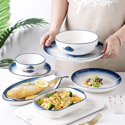 Elegant Ceramic Dinnerware Set (6 Pieces) – Includes 5" Rice Bowl, 7" Soup Bowl, 8" Soup Bowl, 7" Plate, 10" Plate, and 9.5" Double-Handle Baking Dish