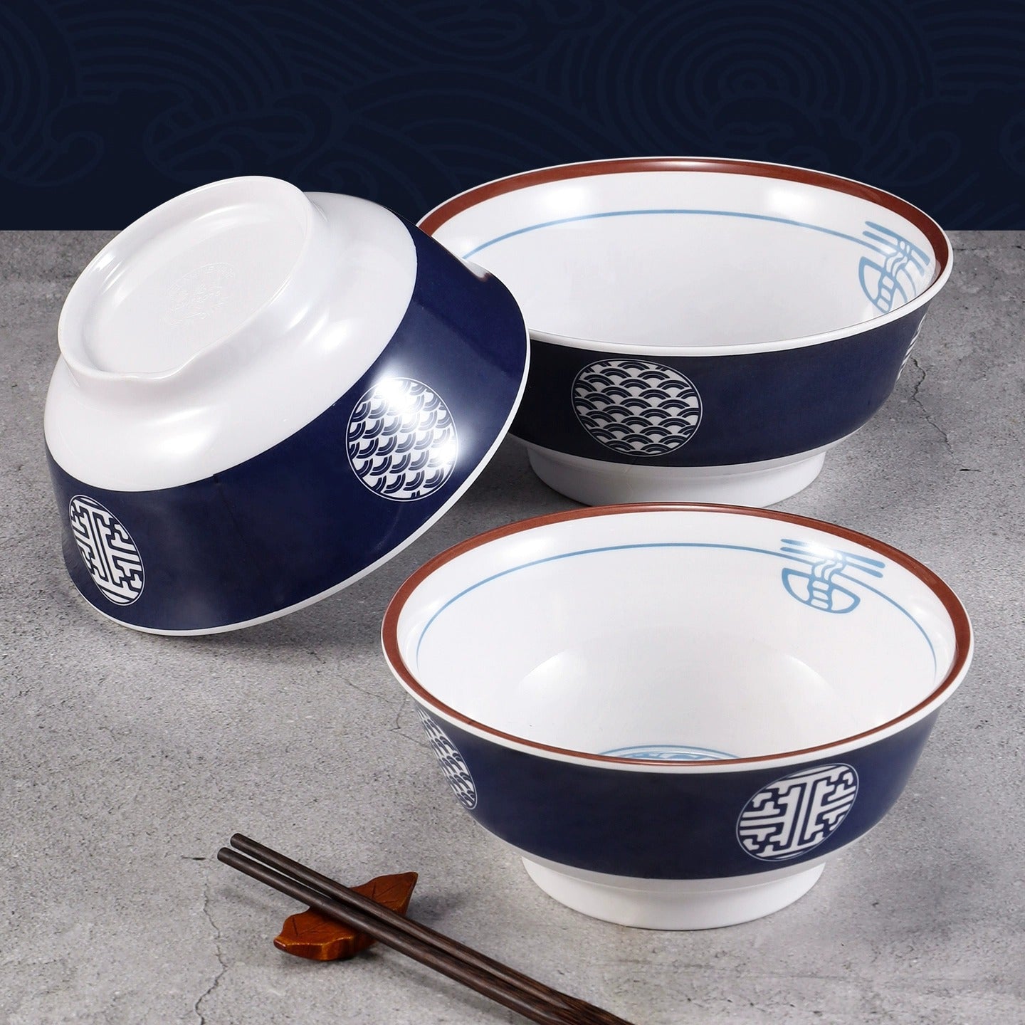 Vintage Blue and White Ceramic Bowls Set of 4 — Large Ramen Bowls, Soup Bowls, Salad Bowls, Rice Bowls, Multi-Purpose Tableware