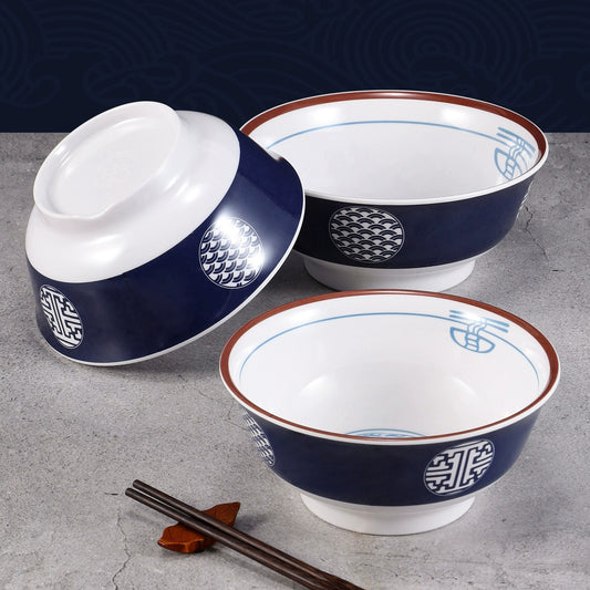 Vintage Blue and White Ceramic Bowls Set of 4 — Large Ramen Bowls, Soup Bowls, Salad Bowls, Rice Bowls, Multi-Purpose Tableware