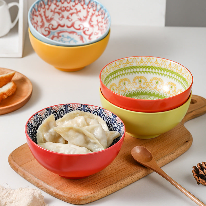 6-Inch Ceramic Bowl Set (6 Pieces) with Random Patterns and Colors – Colorful Dinnerware for Rice, Soup, Salad, Noodles, and Daily Meals